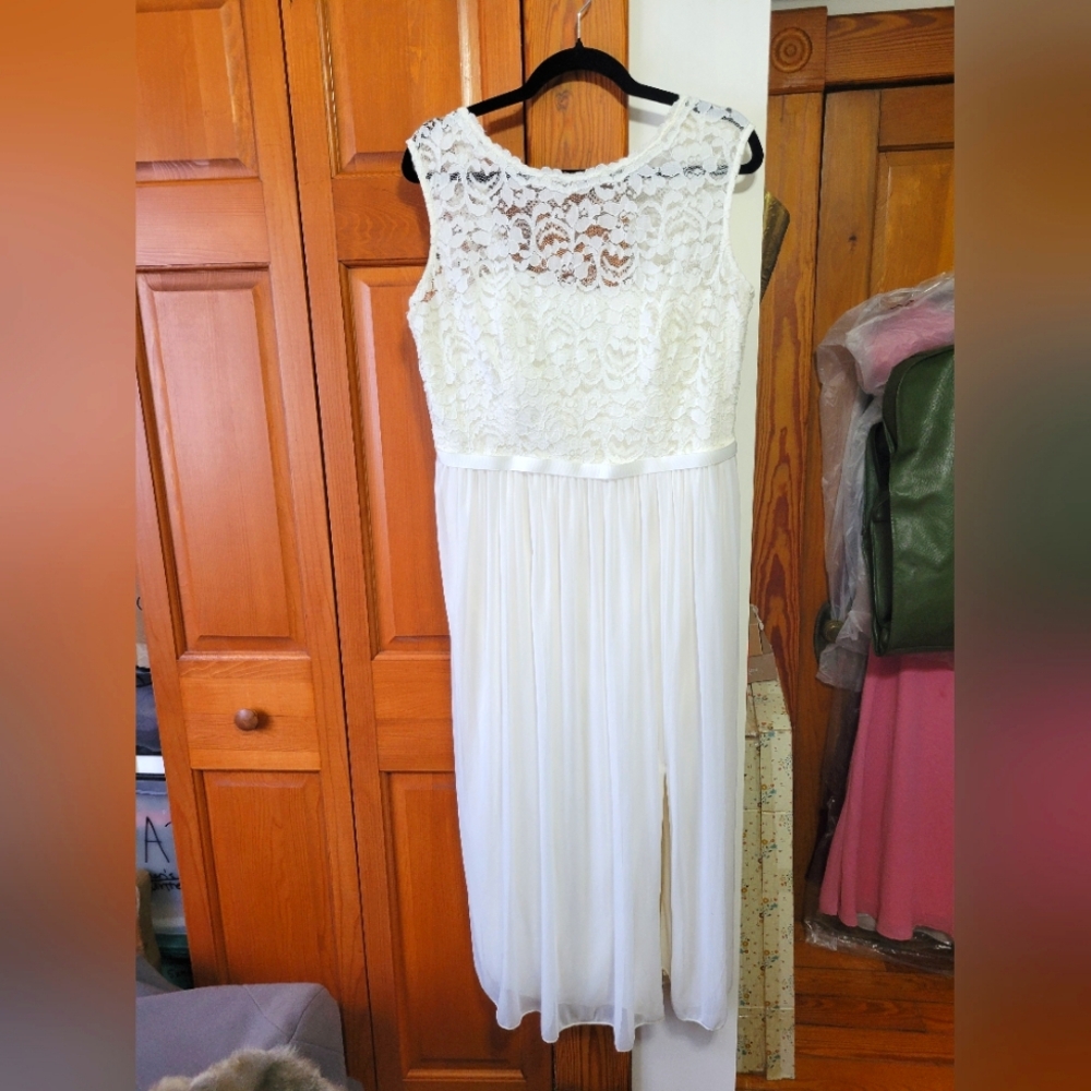 Davids Bridal Elegant Ivory White Lace & Chiffon Sleeveless Dress W/ Slit 14 - Picture 2 of 14